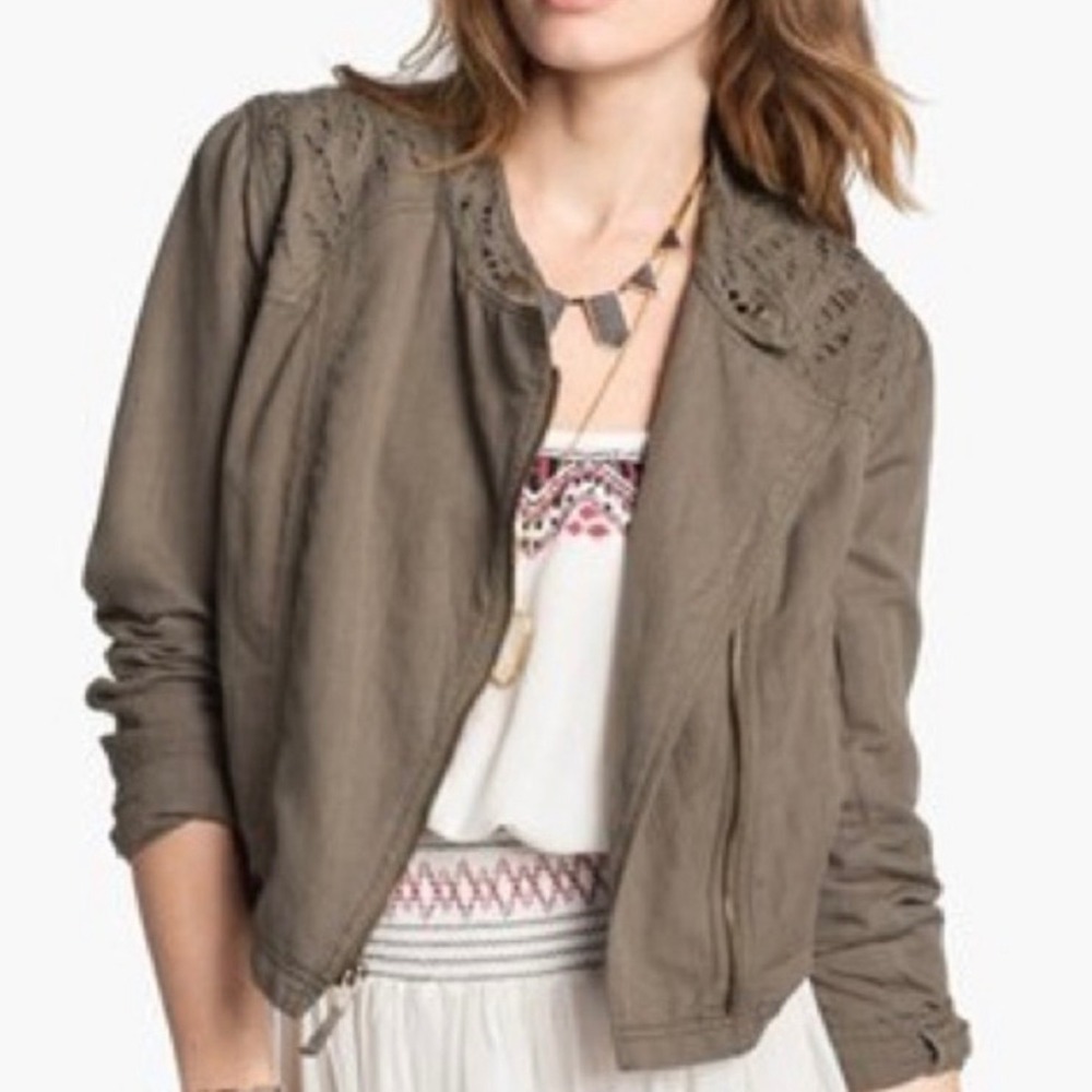 Free People Moto Jacket Women 12 Brown Eyelet Linen Blend Cottagecore  Boho